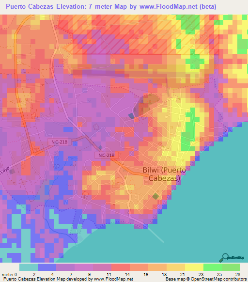 Puerto Cabezas,Nicaragua Elevation Map
