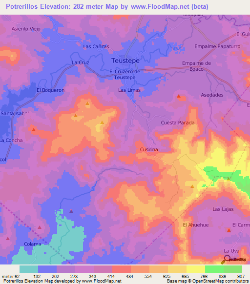 Potrerillos,Nicaragua Elevation Map