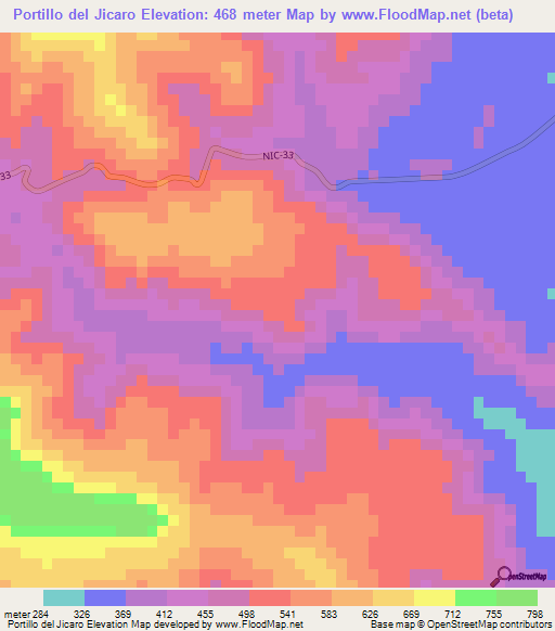 Portillo del Jicaro,Nicaragua Elevation Map
