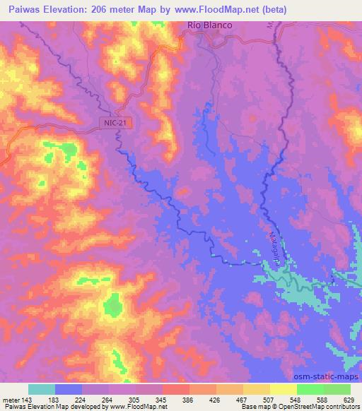 Paiwas,Nicaragua Elevation Map