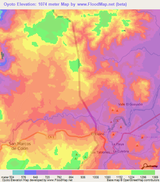 Oyoto,Nicaragua Elevation Map