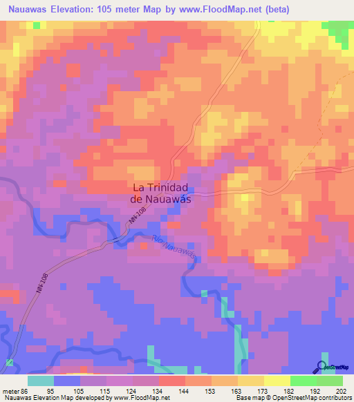 Nauawas,Nicaragua Elevation Map