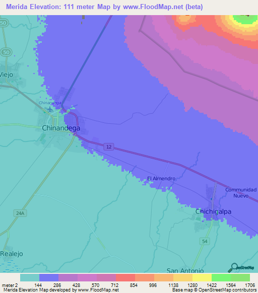 Merida,Nicaragua Elevation Map