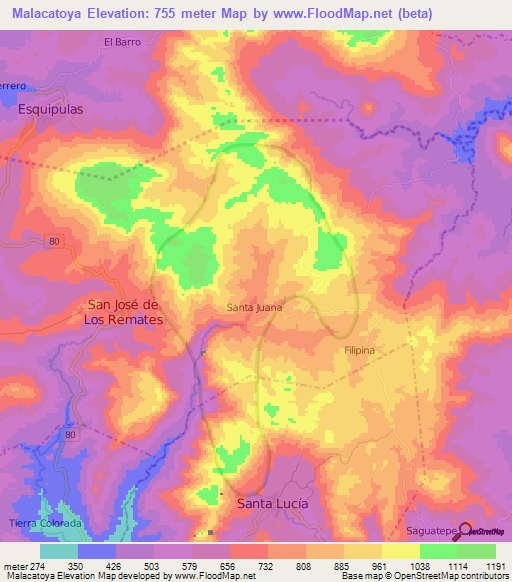 Malacatoya,Nicaragua Elevation Map
