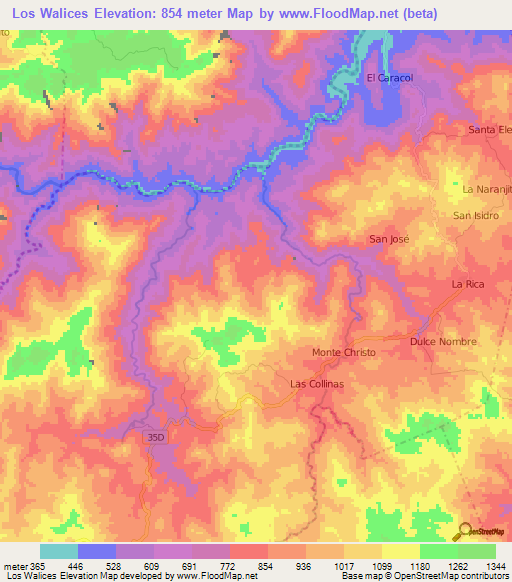Los Walices,Nicaragua Elevation Map