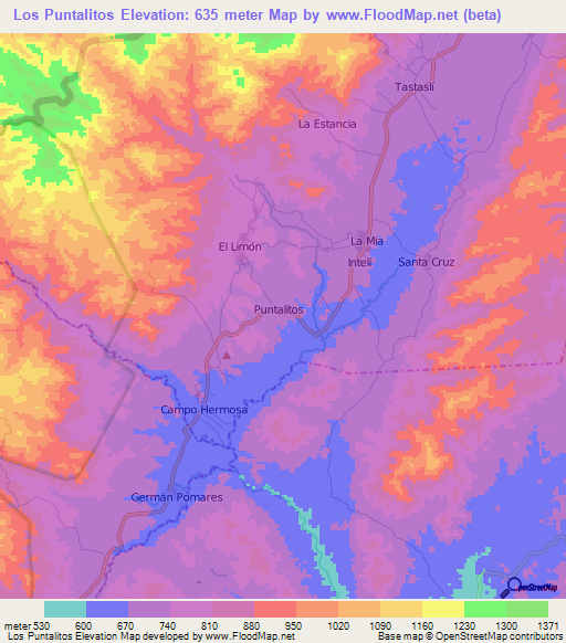 Los Puntalitos,Nicaragua Elevation Map