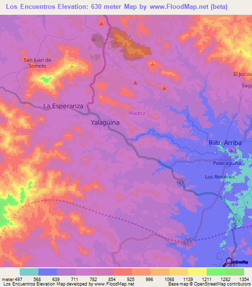 Los Encuentros,Nicaragua Elevation Map