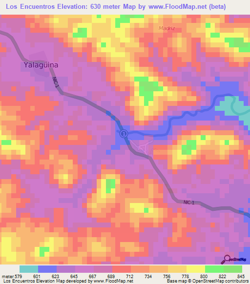 Los Encuentros,Nicaragua Elevation Map