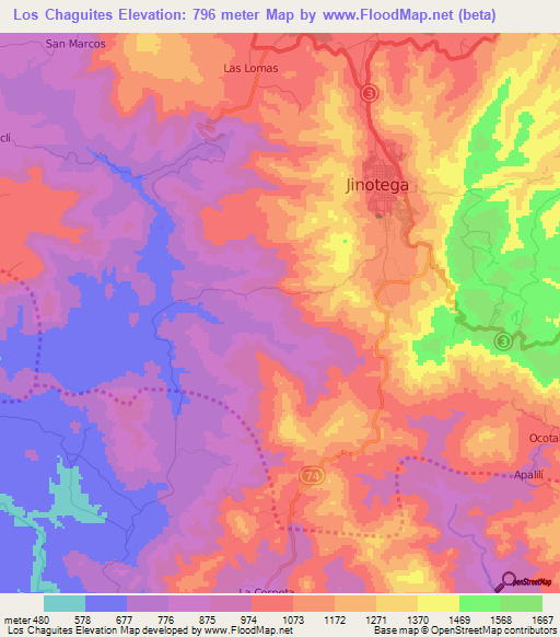 Los Chaguites,Nicaragua Elevation Map