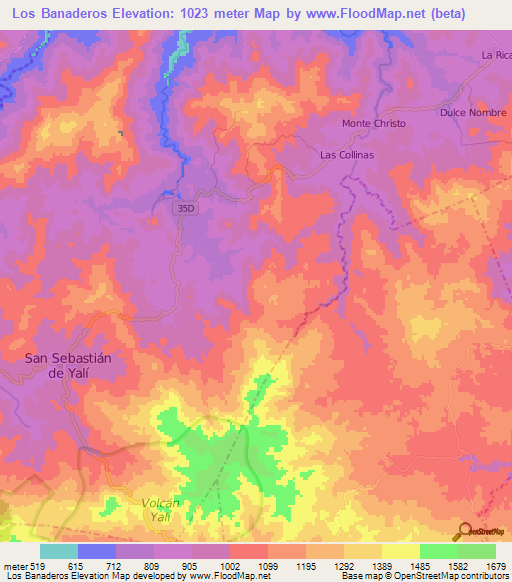 Los Banaderos,Nicaragua Elevation Map