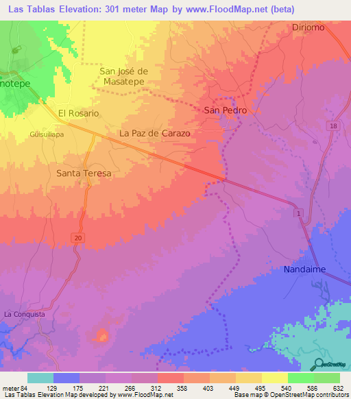Las Tablas,Nicaragua Elevation Map