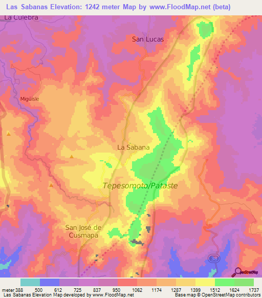 Las Sabanas,Nicaragua Elevation Map