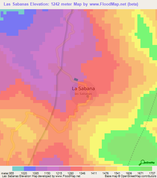Las Sabanas,Nicaragua Elevation Map