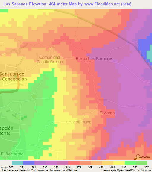 Las Sabanas,Nicaragua Elevation Map