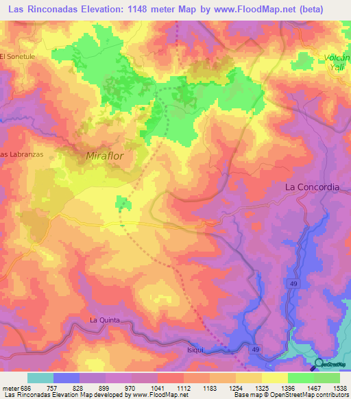 Las Rinconadas,Nicaragua Elevation Map