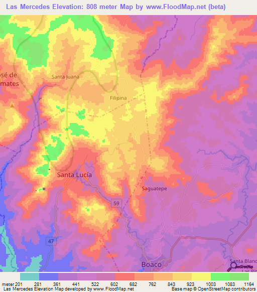 Las Mercedes,Nicaragua Elevation Map