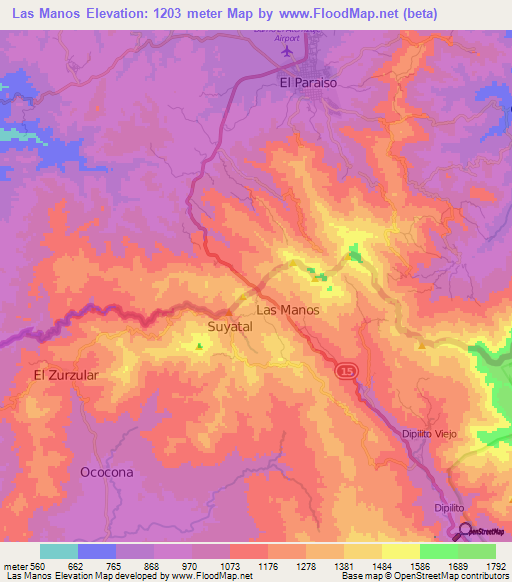 Las Manos,Nicaragua Elevation Map