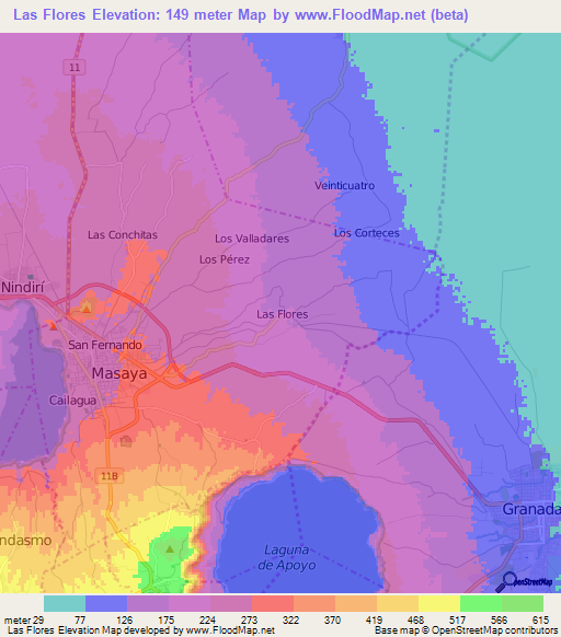 Las Flores,Nicaragua Elevation Map