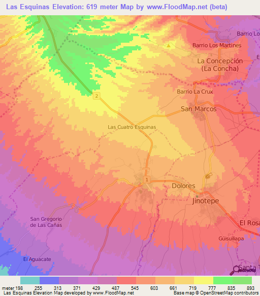 Las Esquinas,Nicaragua Elevation Map