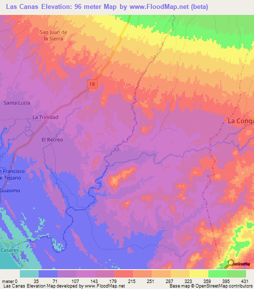 Las Canas,Nicaragua Elevation Map