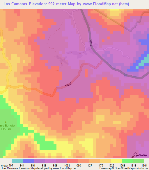 Las Camaras,Nicaragua Elevation Map