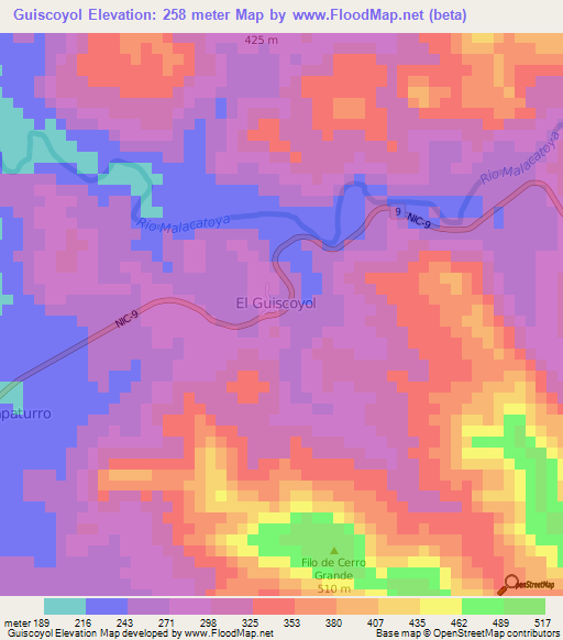 Guiscoyol,Nicaragua Elevation Map