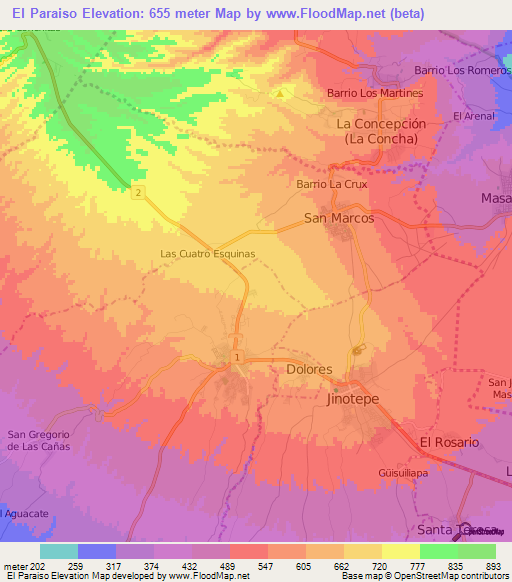 El Paraiso,Nicaragua Elevation Map