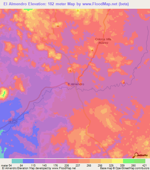 El Almendro,Nicaragua Elevation Map
