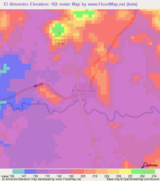 El Almendro,Nicaragua Elevation Map