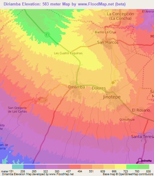 Diriamba,Nicaragua Elevation Map