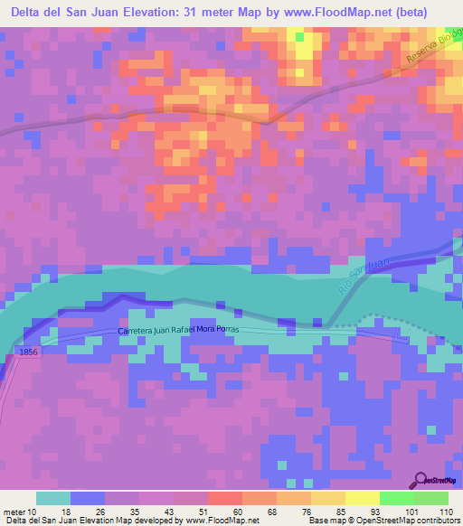 Delta del San Juan,Nicaragua Elevation Map