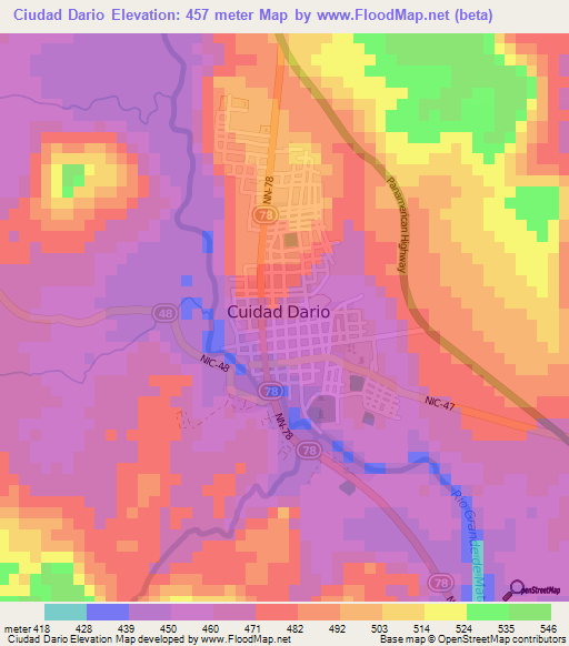Ciudad Dario,Nicaragua Elevation Map