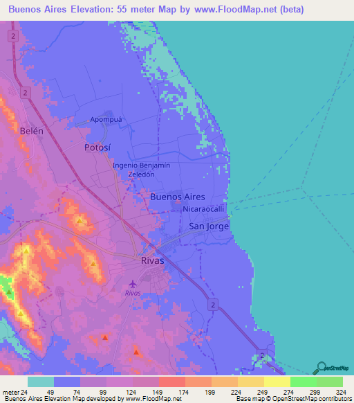 Buenos Aires,Nicaragua Elevation Map