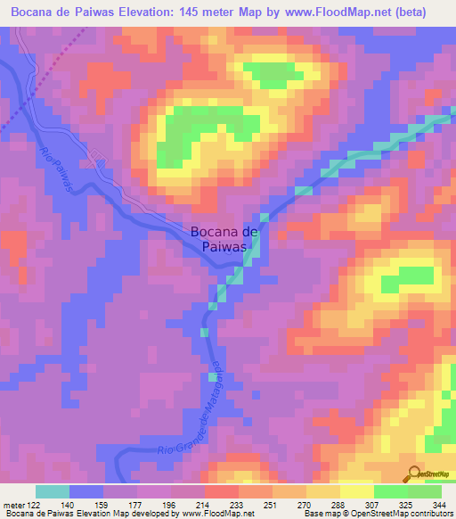 Bocana de Paiwas,Nicaragua Elevation Map