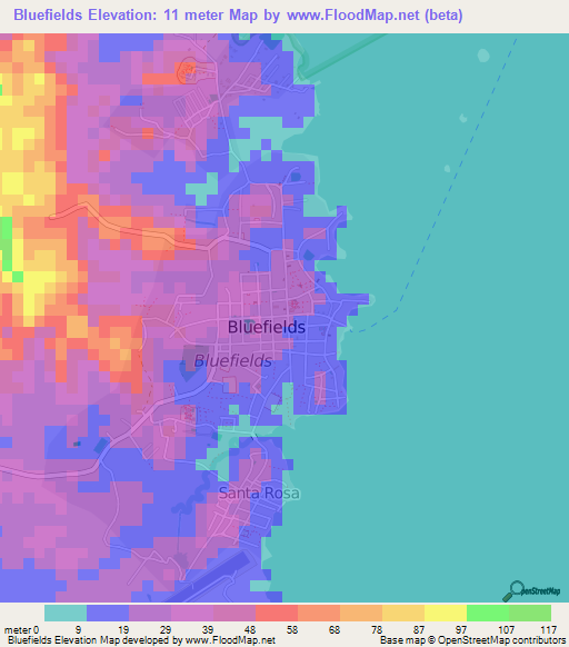 Bluefields,Nicaragua Elevation Map