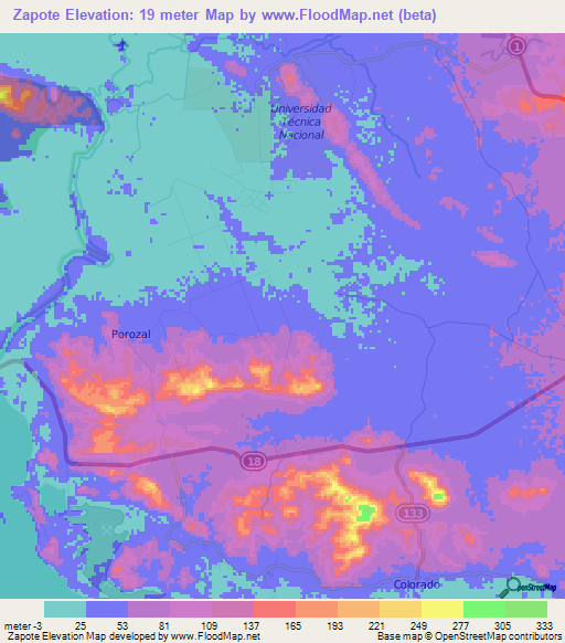 Zapote,Costa Rica Elevation Map