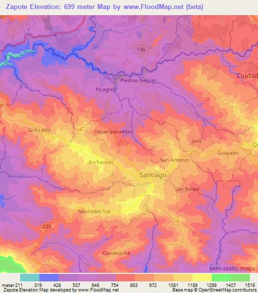 Zapote,Costa Rica Elevation Map