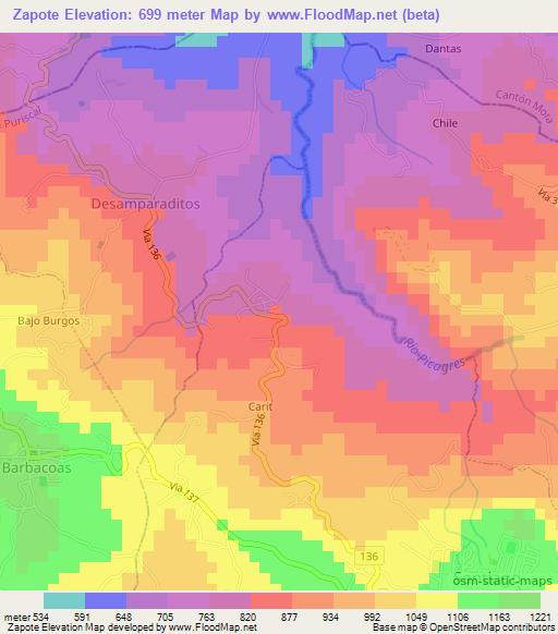Zapote,Costa Rica Elevation Map