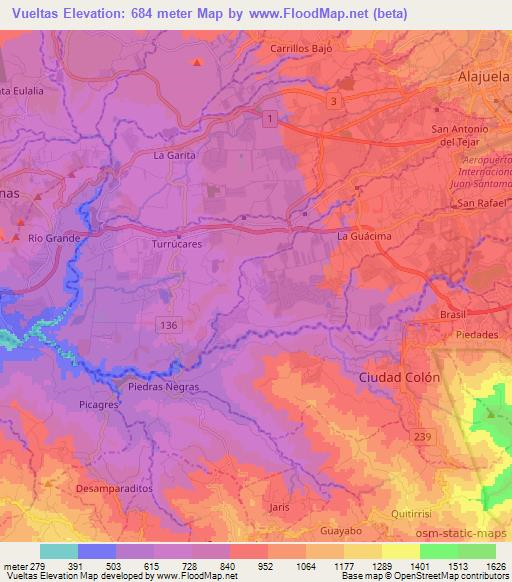 Vueltas,Costa Rica Elevation Map