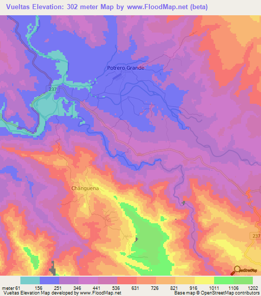 Vueltas,Costa Rica Elevation Map