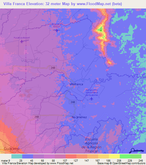 Villa Franca,Costa Rica Elevation Map