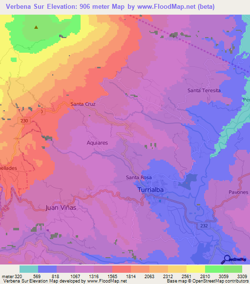 Verbena Sur,Costa Rica Elevation Map