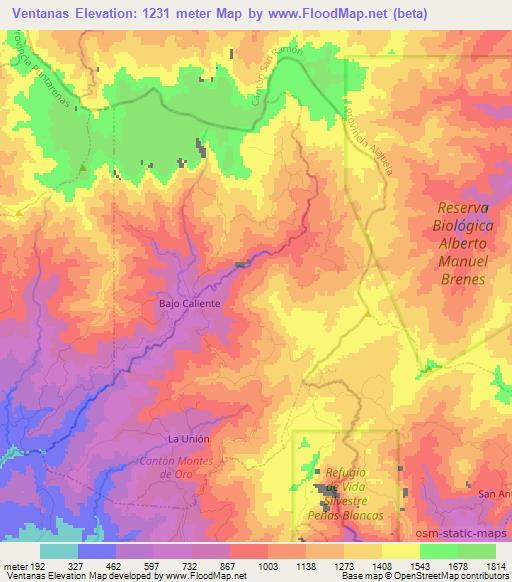 Ventanas,Costa Rica Elevation Map