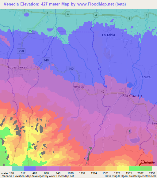 Venecia,Costa Rica Elevation Map