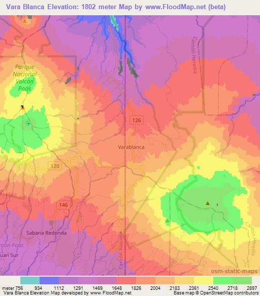 Vara Blanca,Costa Rica Elevation Map