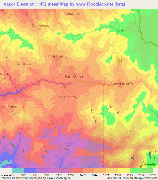 Vapor,Costa Rica Elevation Map