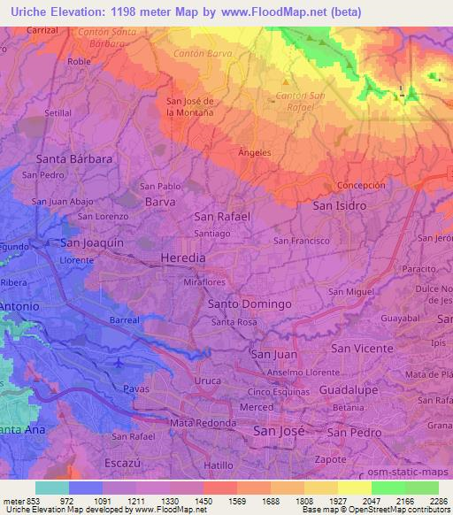 Uriche,Costa Rica Elevation Map