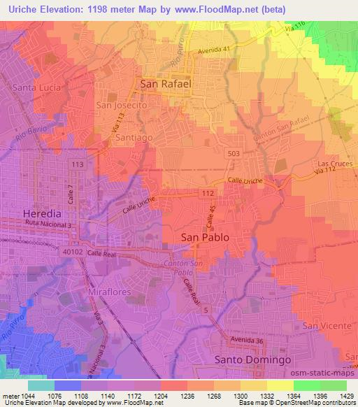 Uriche,Costa Rica Elevation Map