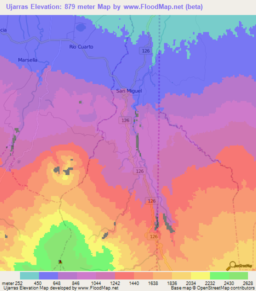 Ujarras,Costa Rica Elevation Map