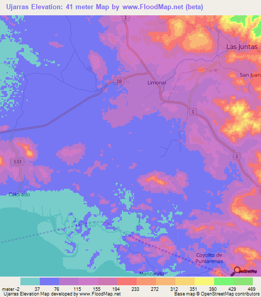 Ujarras,Costa Rica Elevation Map
